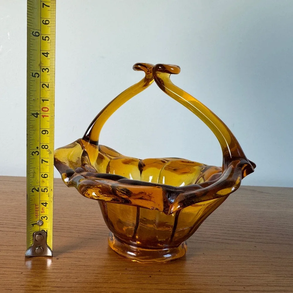 Amber Glass Basket Decorative Candy Dish Collectible Vintage‎ Handled Vase